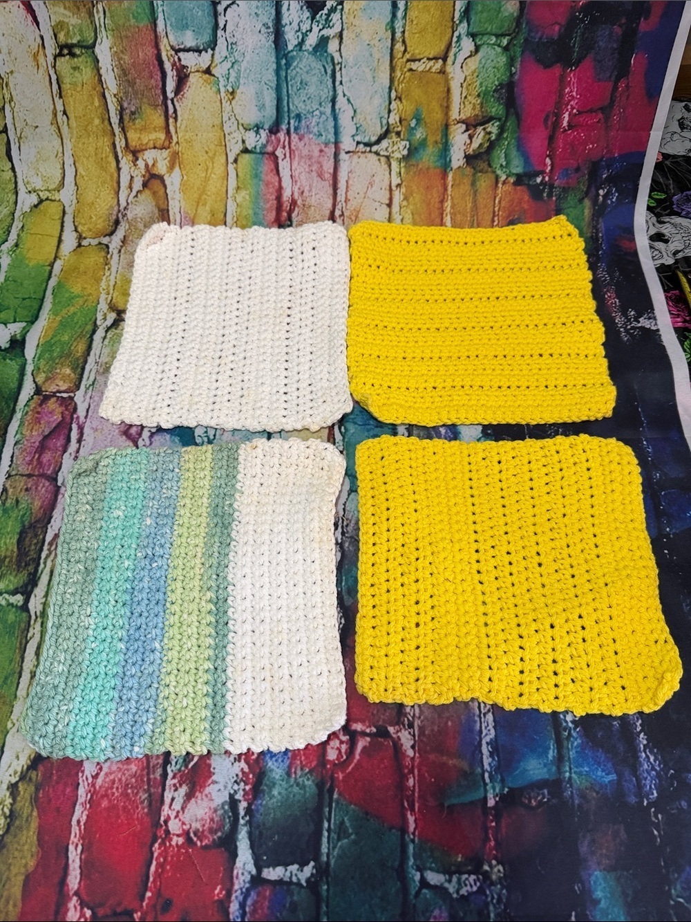 Handmade Crochet Dishcloths Set - Yellow, White & Pastel Stripes